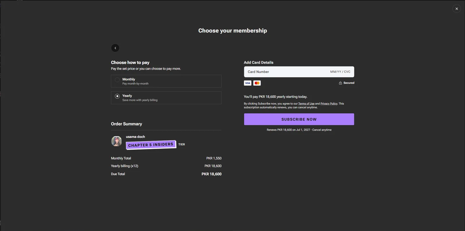 Commons checkout showing yearly and monthly plan options and card payment form