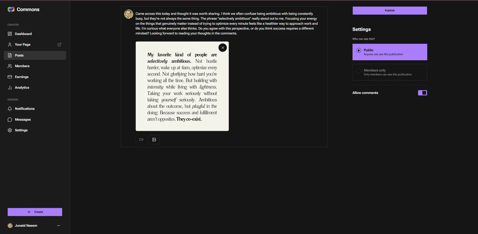 Commons creator post publisher showing content composer, audience privacy settings, and access control toggle