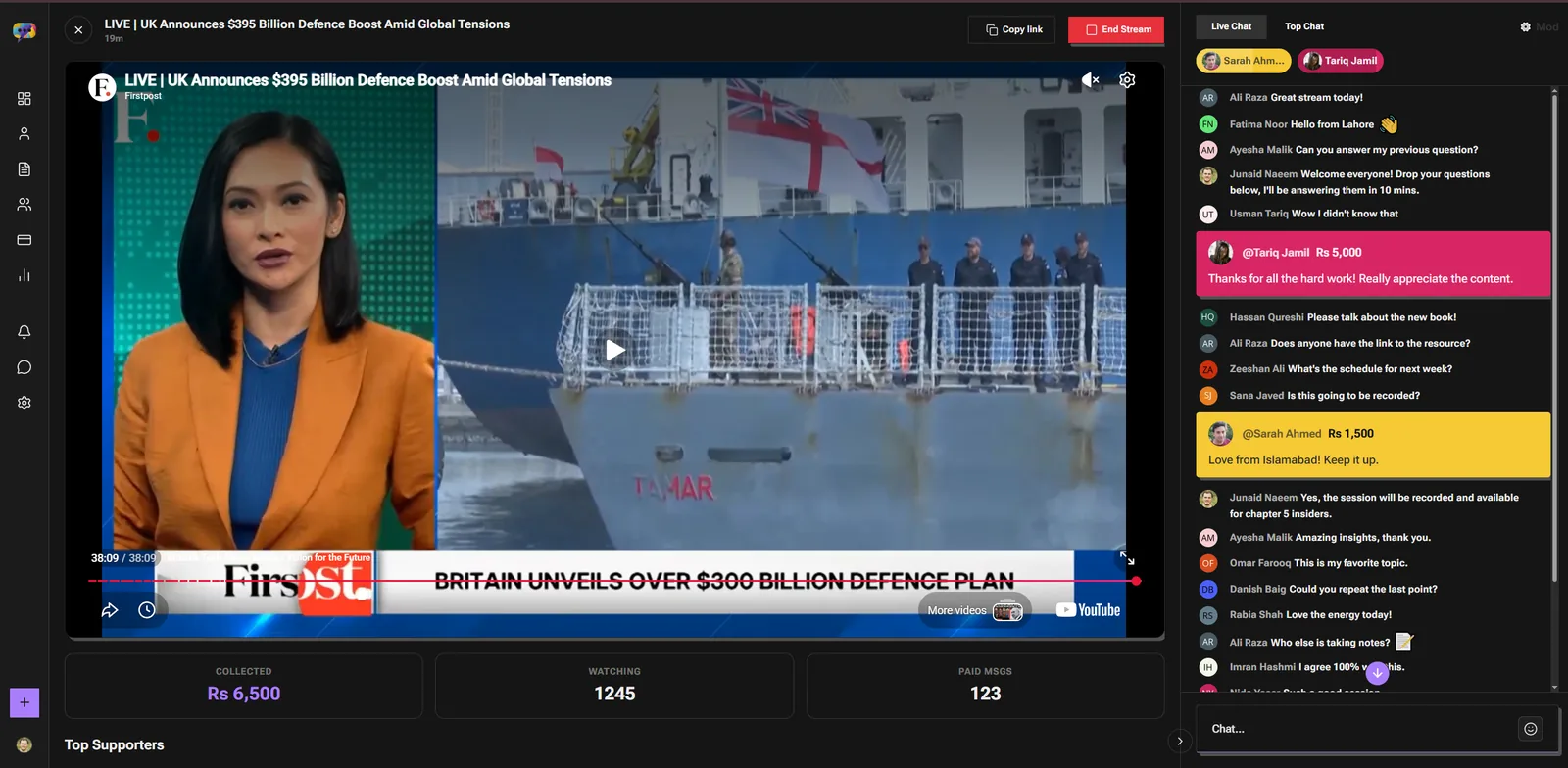 Commons live stream control panel with real-time video broadcast, live viewer metrics, and highlighted paid super messages