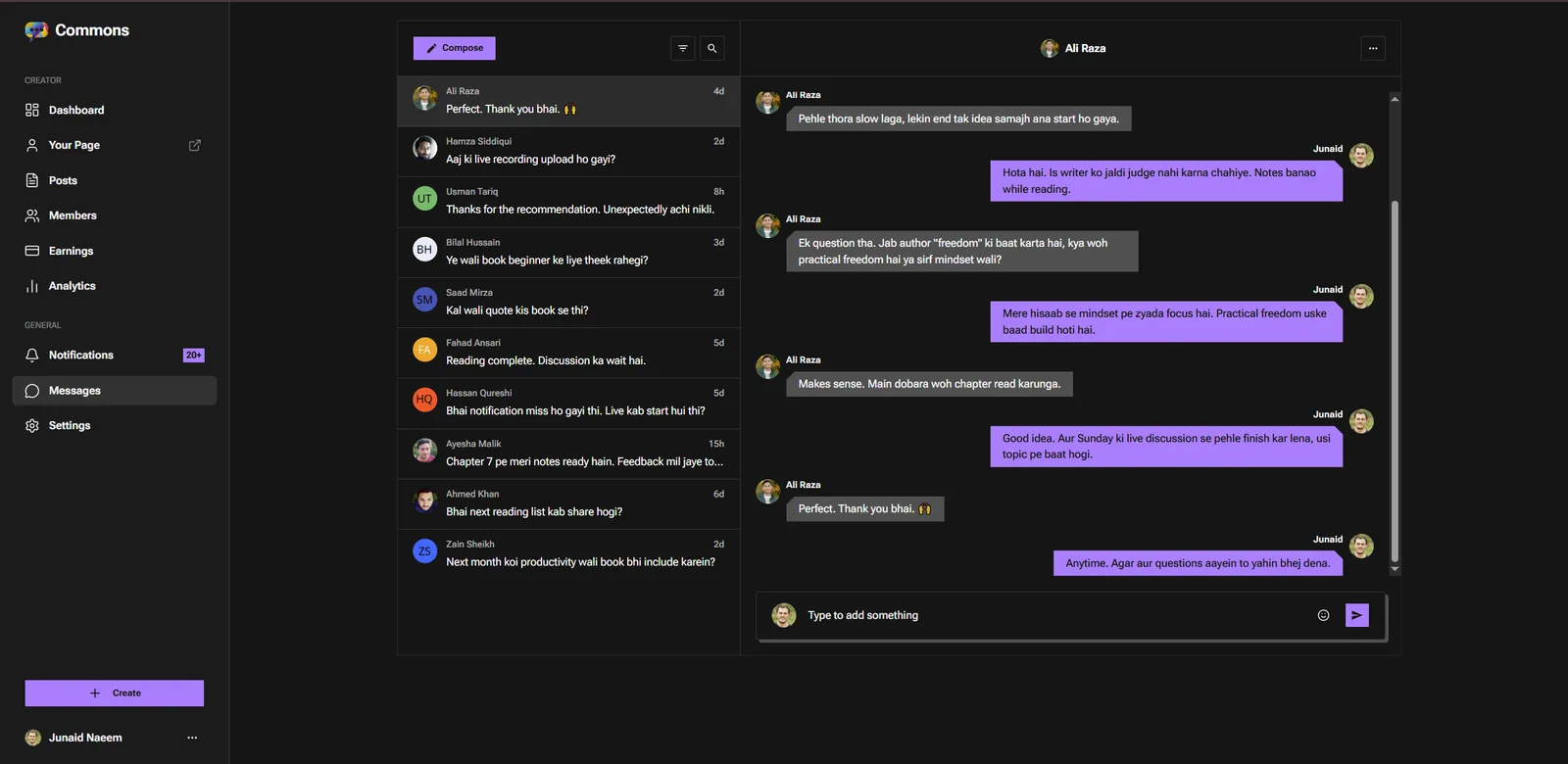 Commons messaging interface showing creator direct conversations, group discussions, and active subscriber chat